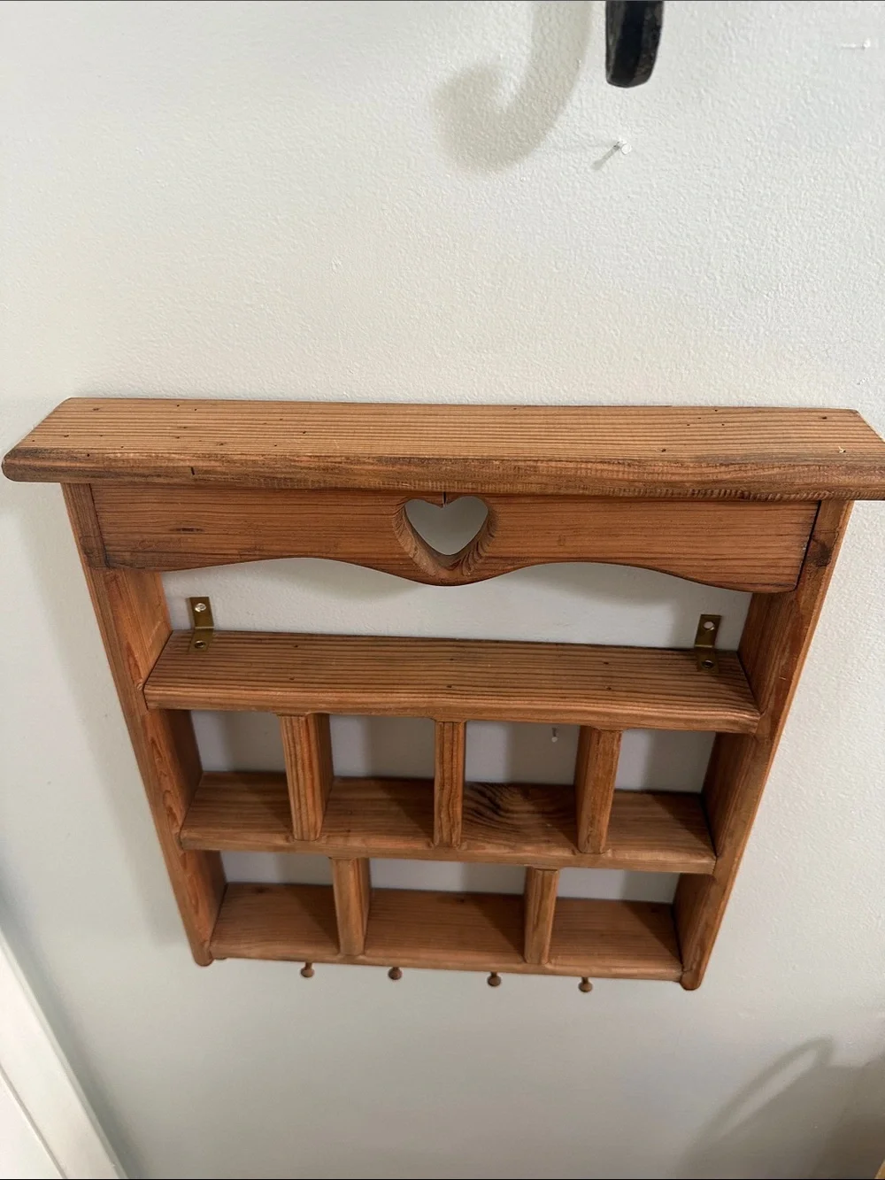 Vintage Pine Wood Shadow Box Display Shelf Heart Curio With 4 Hooks Wall Hanging